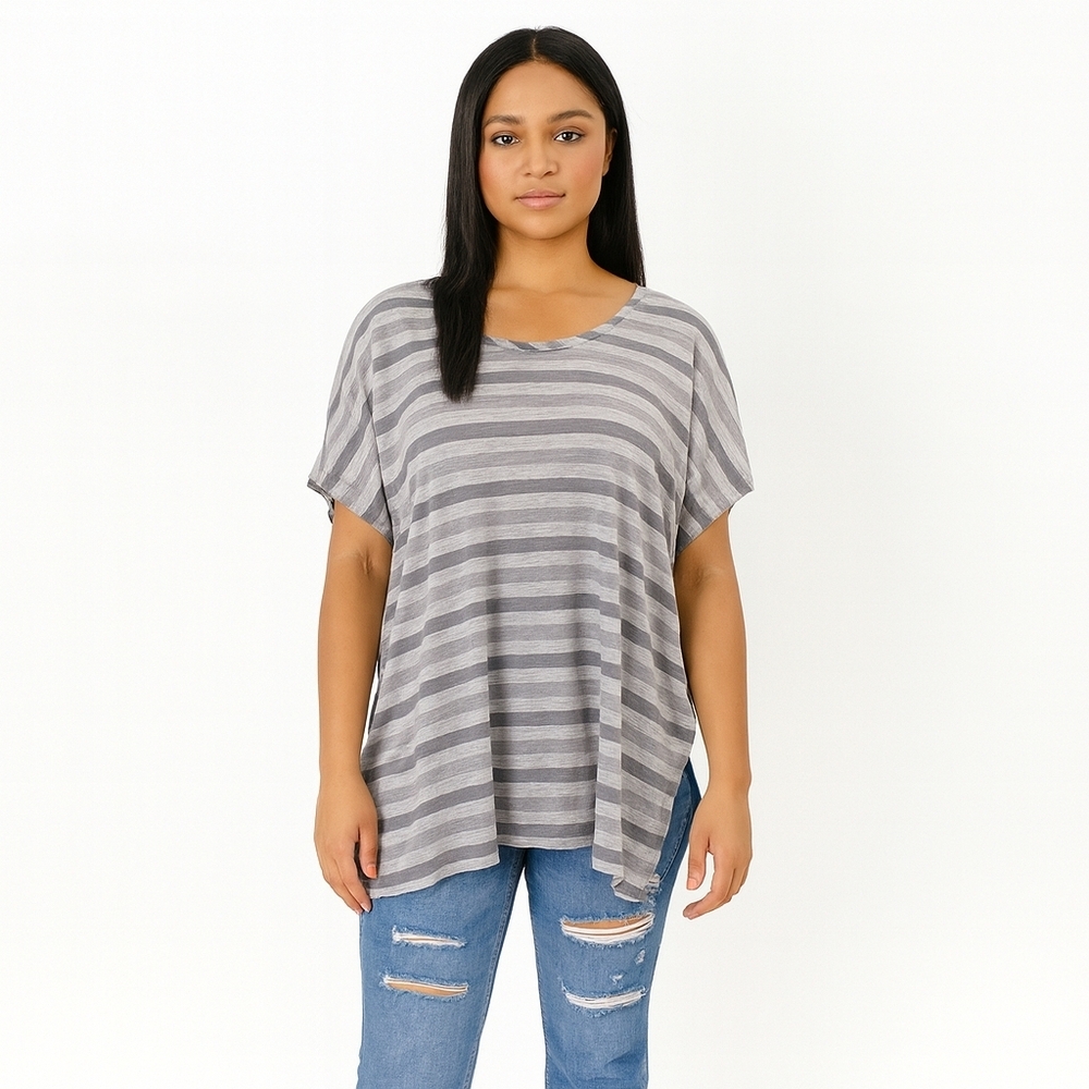 EILEEN FISHER‎ USA🇺🇸MADE Striped Side Slits Cap Sleeve Tunic Top MEDIUM